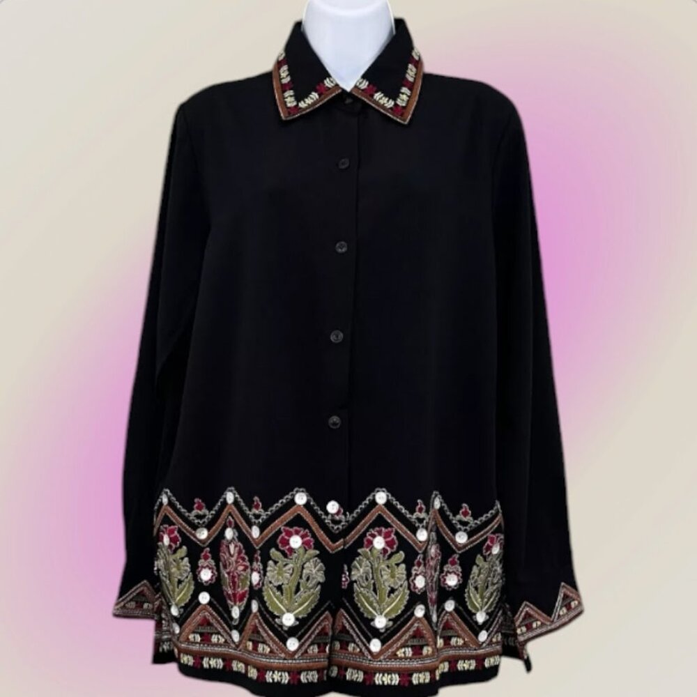 M🎀Victor Costa 90' Vtg.Western Black Embroidered Floral Garden Printed Black